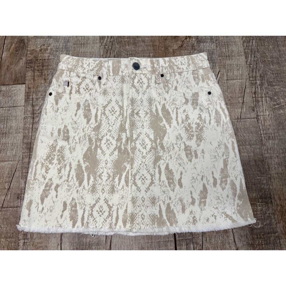 Dear John Snakeskin Print Denim Mini Skirt Tan Cream Frayed Hem Size 26